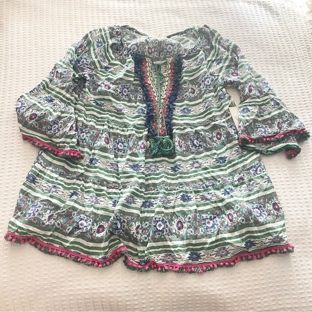 Boundless North Green and Pink Printed Dress with shell detail Medium NWT